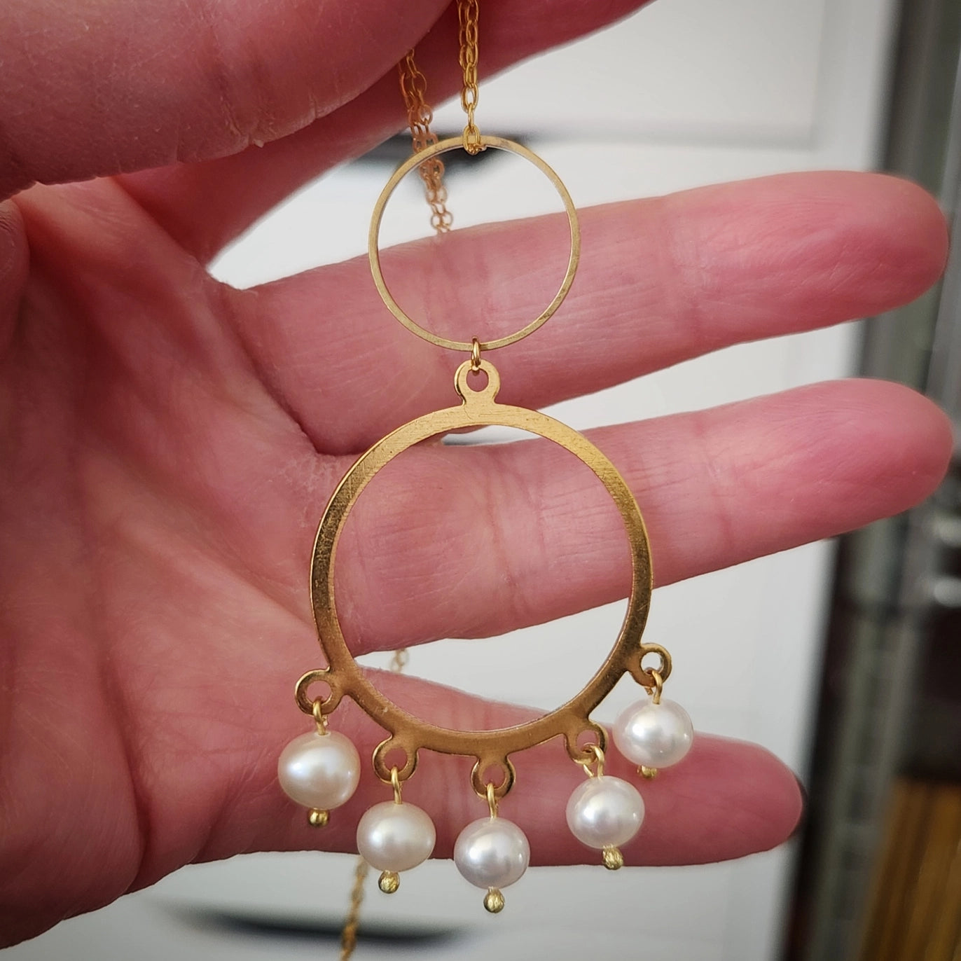 White Freshwater Pearl & Brass Chandelier Statement Jewelry