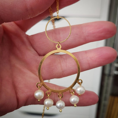 White Freshwater Pearl & Brass Chandelier Statement Jewelry
