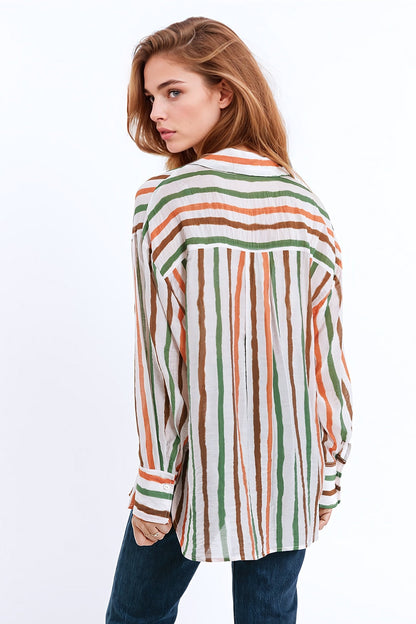 Chiffon Long Sleeve Shirt With Multicolor Stripes Green and Brown