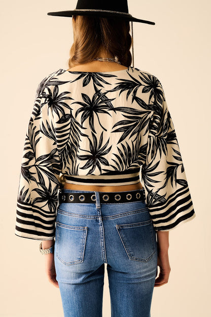 Cropped Top in White With Tropical Motif in Black