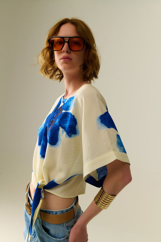 Cropped White Blouse With Tropical Floral Print in Blue