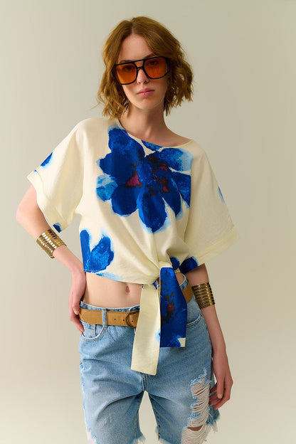 Cropped White Blouse With Tropical Floral Print in Blue