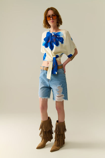 Cropped White Blouse With Tropical Floral Print in Blue