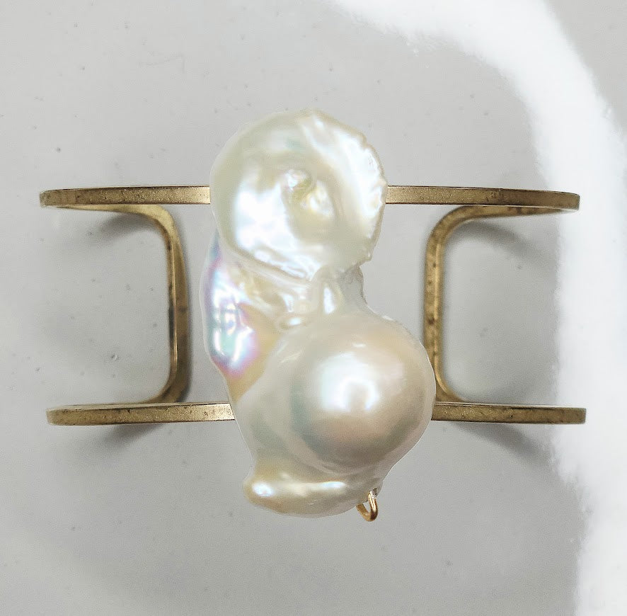 Bold Natural Baroque Pearl Wrapped Brass Cuff Bracelet