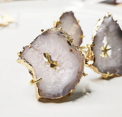 Gold Plated Geode/Agate Slice Solitaire Adjustable Rings