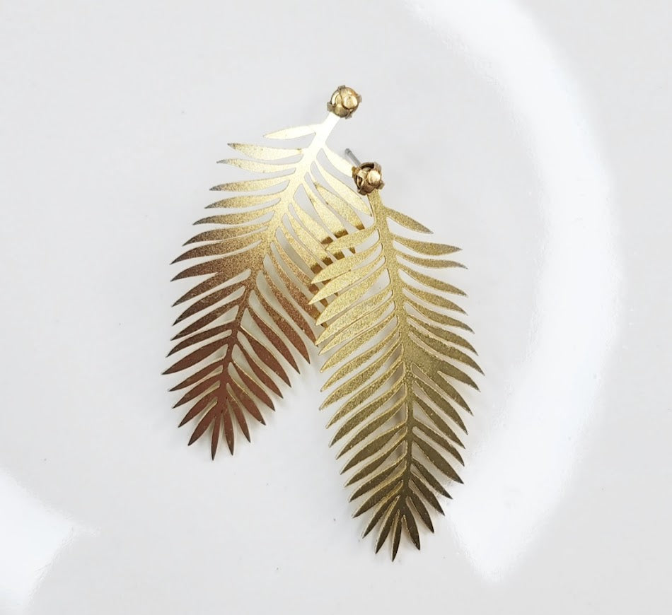 Brass Fern Frond and Boston Fern Post Statement Earrings