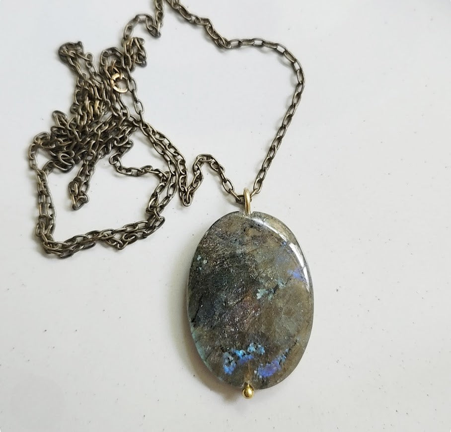 Rainbow Labradorite & Antiqued Brass Chain Pendant Necklace