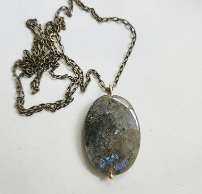 Rainbow Labradorite & Antiqued Brass Chain Pendant Necklace