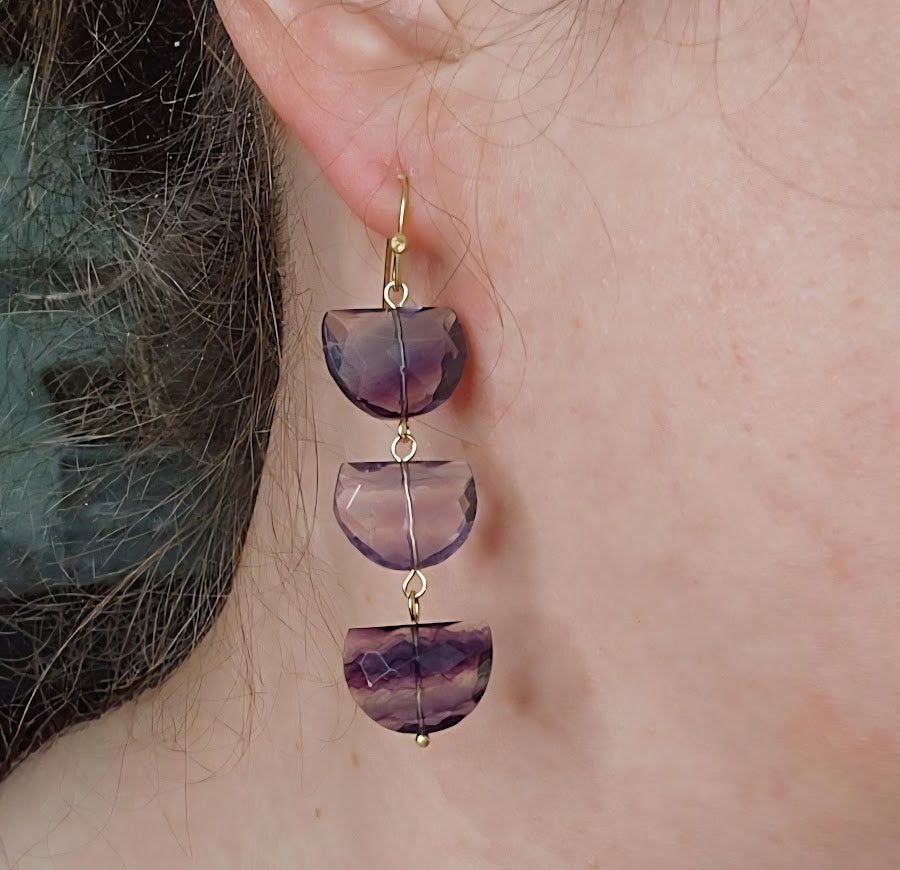 Natural Fluorite Gemstone Half Moon Dangle Earrings
