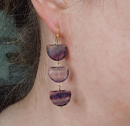 Natural Fluorite Gemstone Half Moon Dangle Earrings