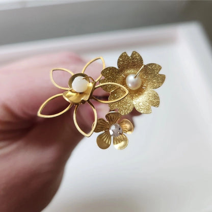 Brass Flower and Mother of Pearl, Pearl, Moonstone Hairpins