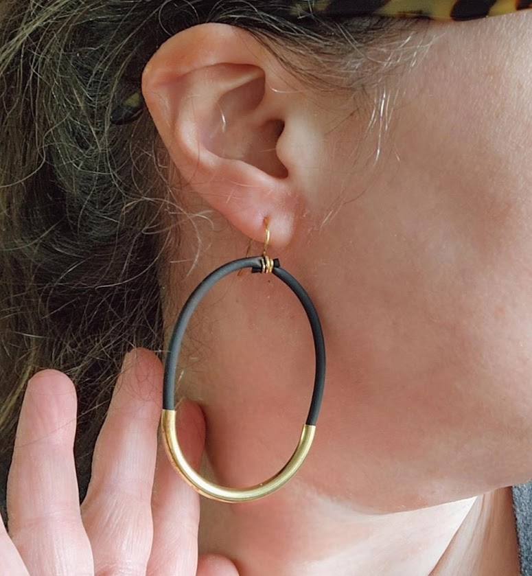 Threaded Black Rubber, Brass & Silver Hoop Dangle Earrings