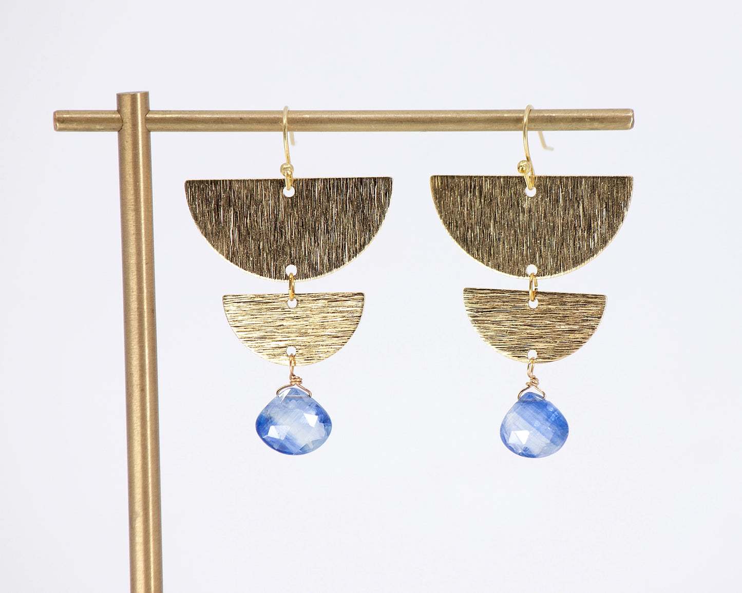 Blue Kyanite and Texture Brass, Silver Moon Phase Earrings