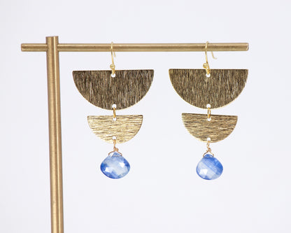 Blue Kyanite and Texture Brass, Silver Moon Phase Earrings