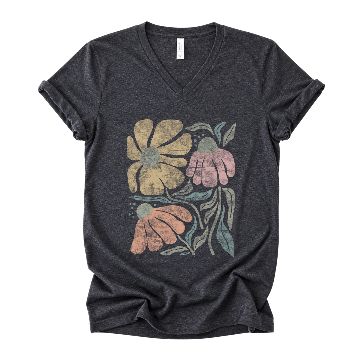 Faded Funky Floral Print - Short Sleeve V-Neck Tee