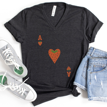 The Ace Of Strawberries, Vintage Distressed Print - Short Sleeve V-Neck Tee