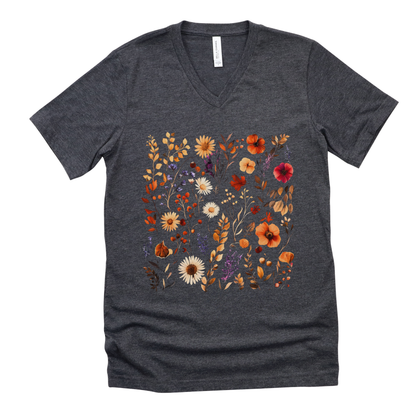 Autumn Boho Floral Print - Short Sleeve V-Neck Tee