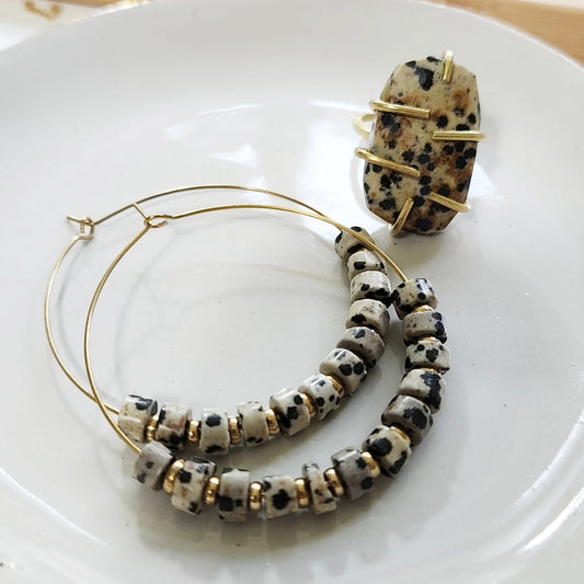 Grounding Dalmatian Jasper and Brass Hoop Earrings and Ring