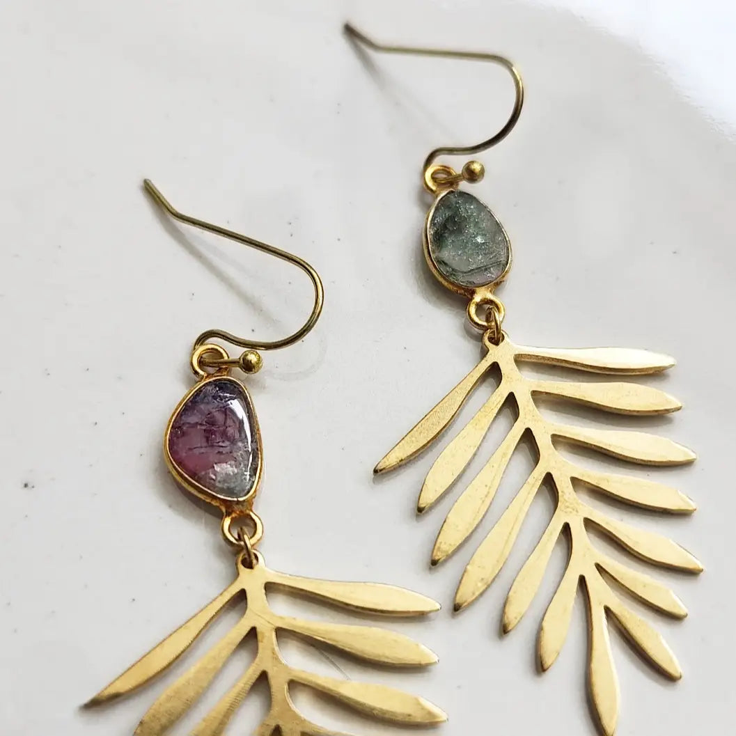 Brass Fern Leaf & Watermelon Tourmaline Dangle Earrings