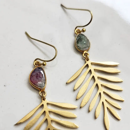 Brass Fern Leaf & Watermelon Tourmaline Dangle Earrings