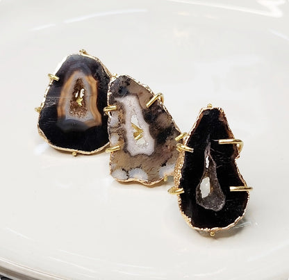 Gold Plated Geode/Agate Slice Solitaire Adjustable Rings