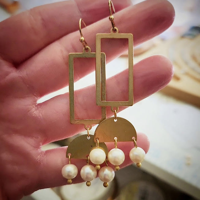 Freshwater Pearl and Brass Geometric Chandelier Earrings