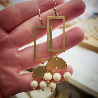 Freshwater Pearl and Brass Geometric Chandelier Earrings