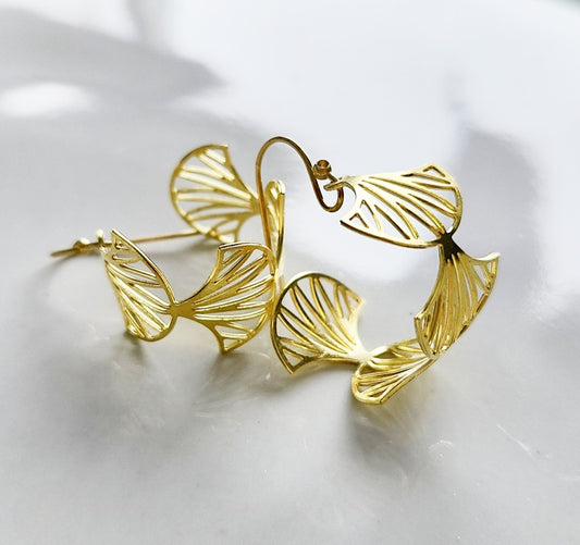 Brass Fern, Olive & Myrtle Leaf Hoop Dangle Earrings