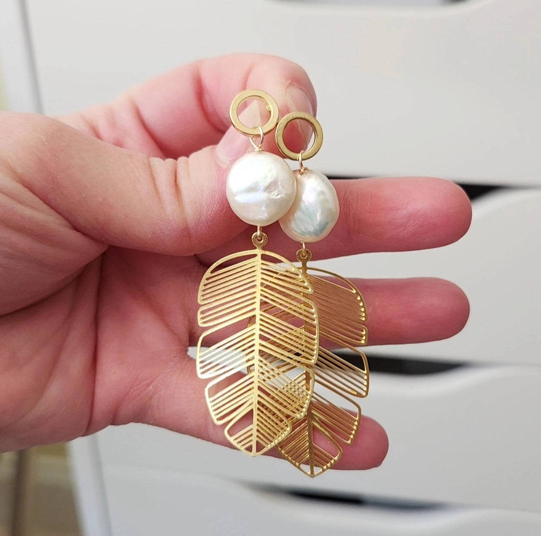 Freshwater Pearl and Monstera Leaf Post and Dangle Earrings