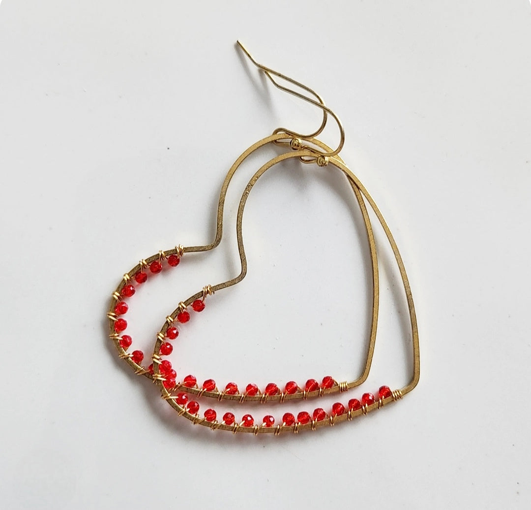 Bright Red Spinel Wrapped Heart Dangle Valentine's Earrings