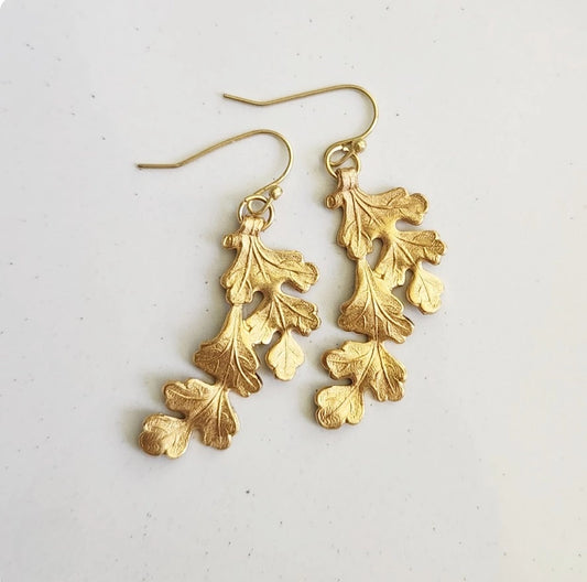 Brass Oak Leaf Cluster Earrings, Thanksgiving Style