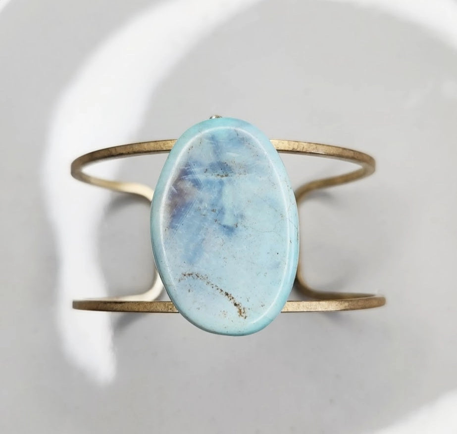 Blue Robin's Egg Agate and Brass Adjustable Cuff Bracelet