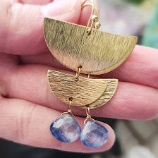 Blue Kyanite and Texture Brass, Silver Moon Phase Earrings