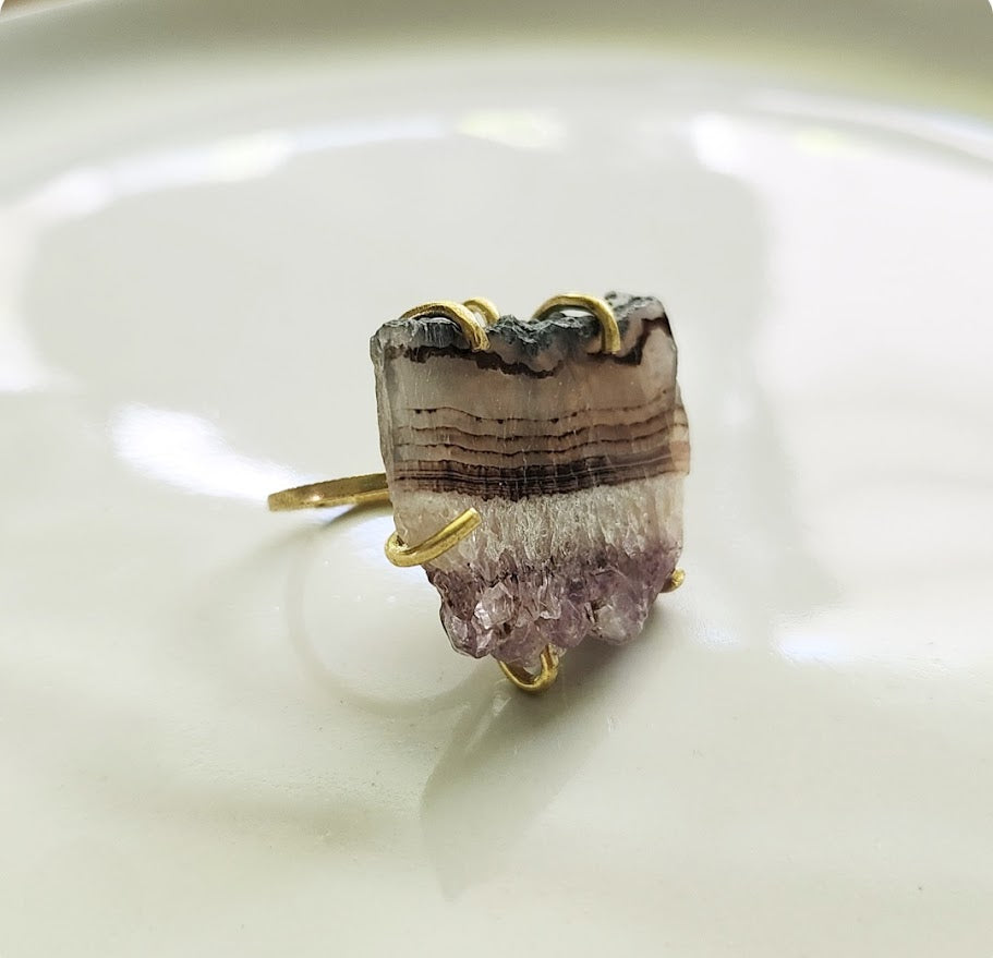Natural Amethyst Druzy Brass Adjustable Statement Ring