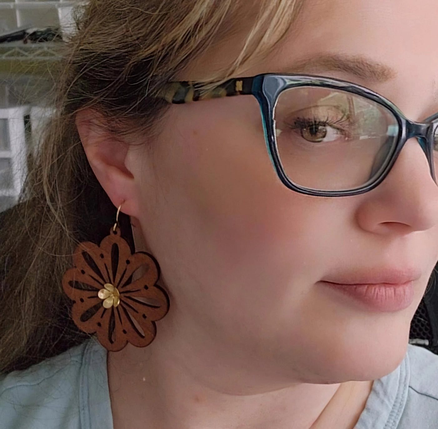 Wood & Brass Flower Boho Dangle Earrings, Polka Dot Details