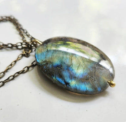 Rainbow Labradorite & Antiqued Brass Chain Pendant Necklace