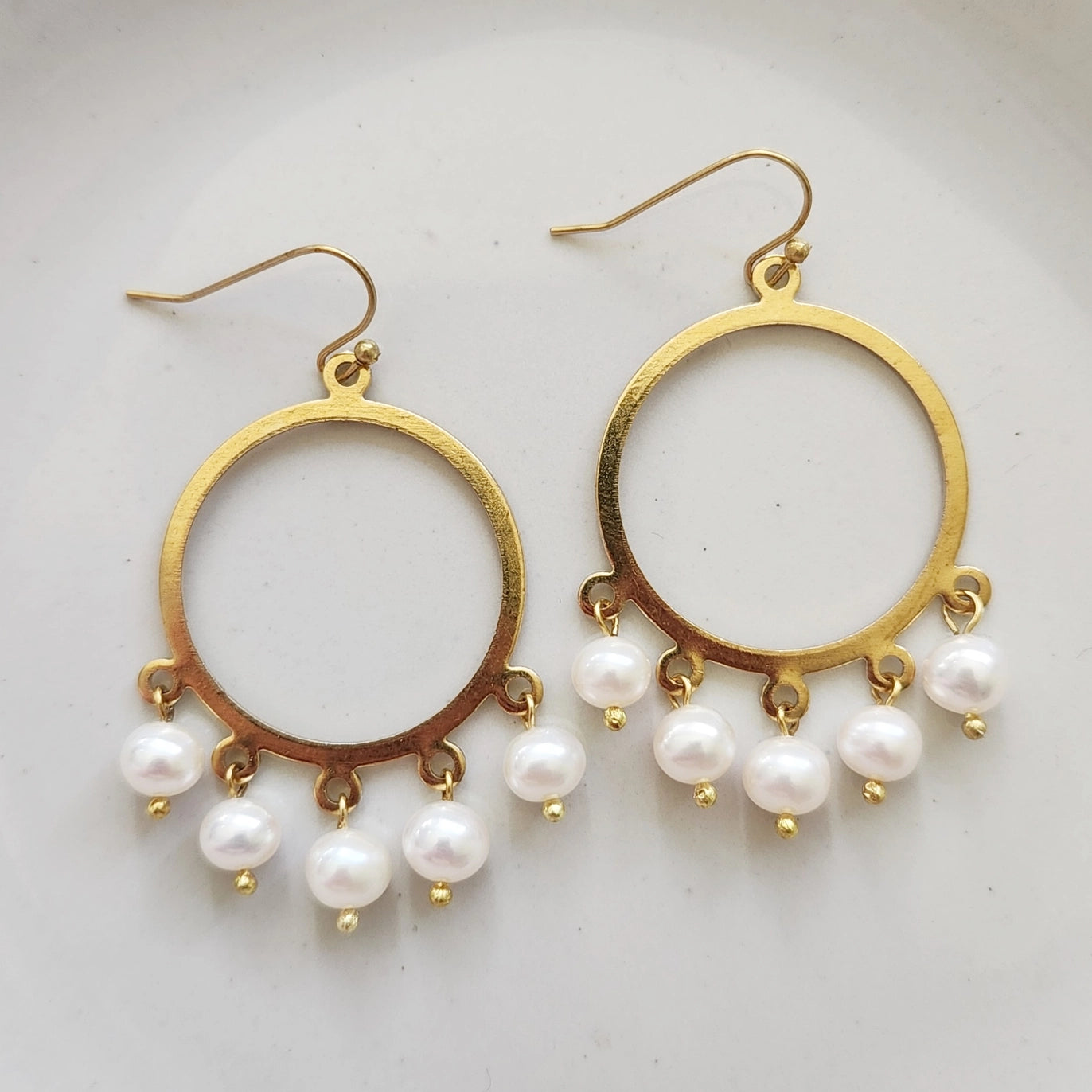 White Freshwater Pearl & Brass Chandelier Statement Jewelry