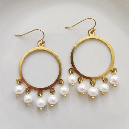 White Freshwater Pearl & Brass Chandelier Statement Jewelry