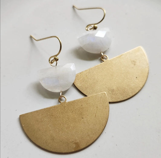 Crescent Rainbow Moonstone and Brass Statement Earrings