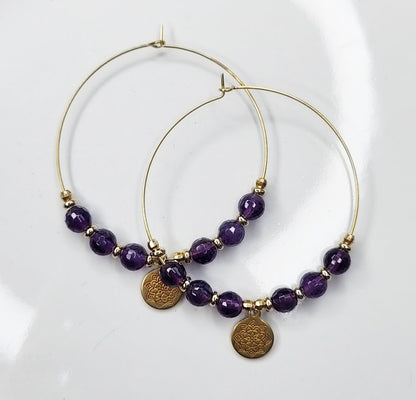 Amethyst & Turquoise with Lotus Charm Beaded Hoop Earrings