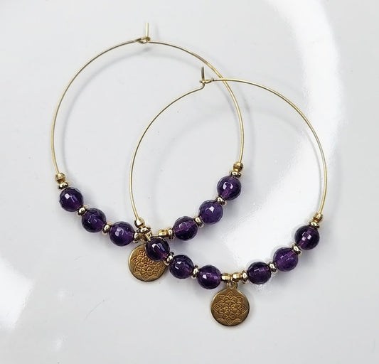 Amethyst & Turquoise with Lotus Charm Beaded Hoop Earrings