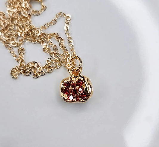 Pomegranate Fruit & Cubic Zirconia Charm Gold Fill Necklace