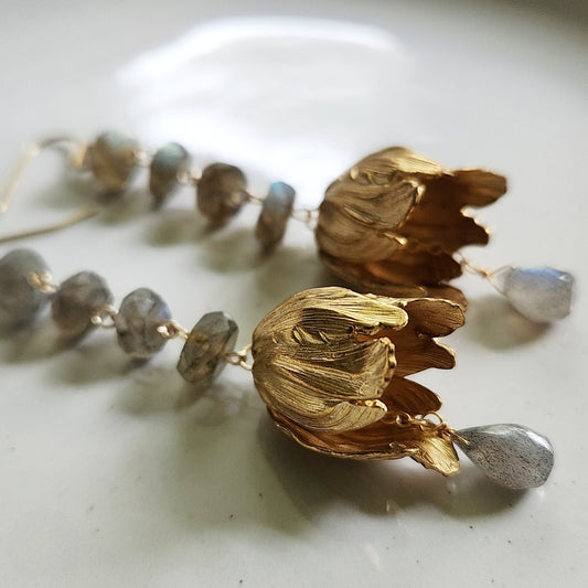 Faceted Labradorite and Textured Brass Tulip Dangle Earrings