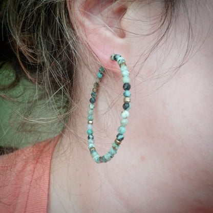 Blue Turquoise and Antiqued Brass Beaded Hoop Earrings
