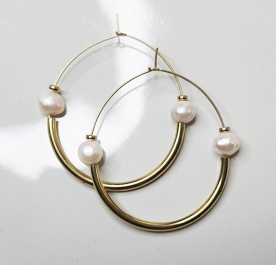 Brass and White Pearl Threaded Teardrop Hoop Earring Options