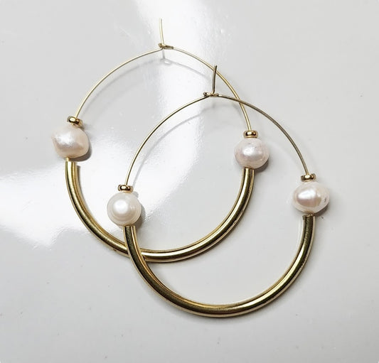 Brass and White Pearl Threaded Teardrop Hoop Earring Options