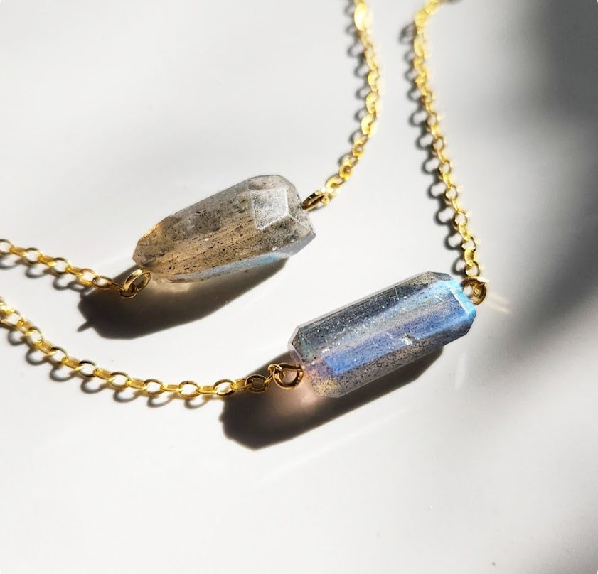 Faceted Rainbow Labradorite Organic Rectangular Bar Necklace