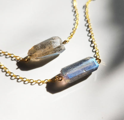 Faceted Rainbow Labradorite Organic Rectangular Bar Necklace