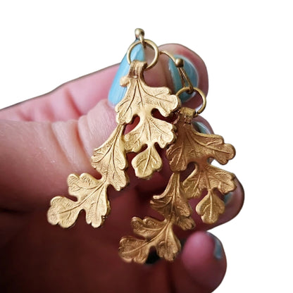 Brass Oak Leaf Cluster Earrings, Thanksgiving Style