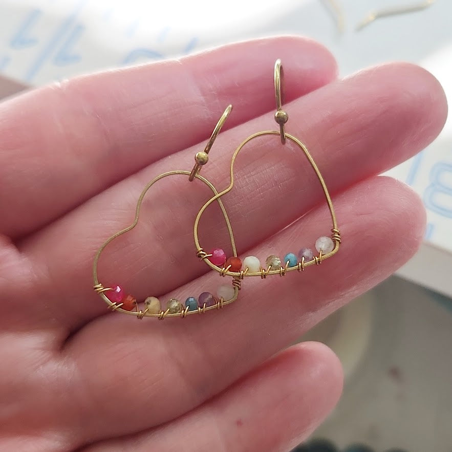 Rainbow Gemstone Wire Wrapped Heart Dangle Earrings